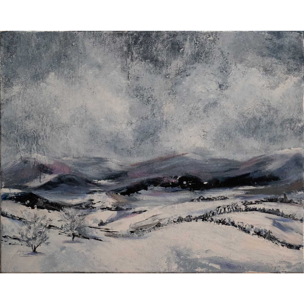 A painting of a snowy winter landscape with rolling hills, bare trees, and a cloudy sky in shades of gray, white, and black.