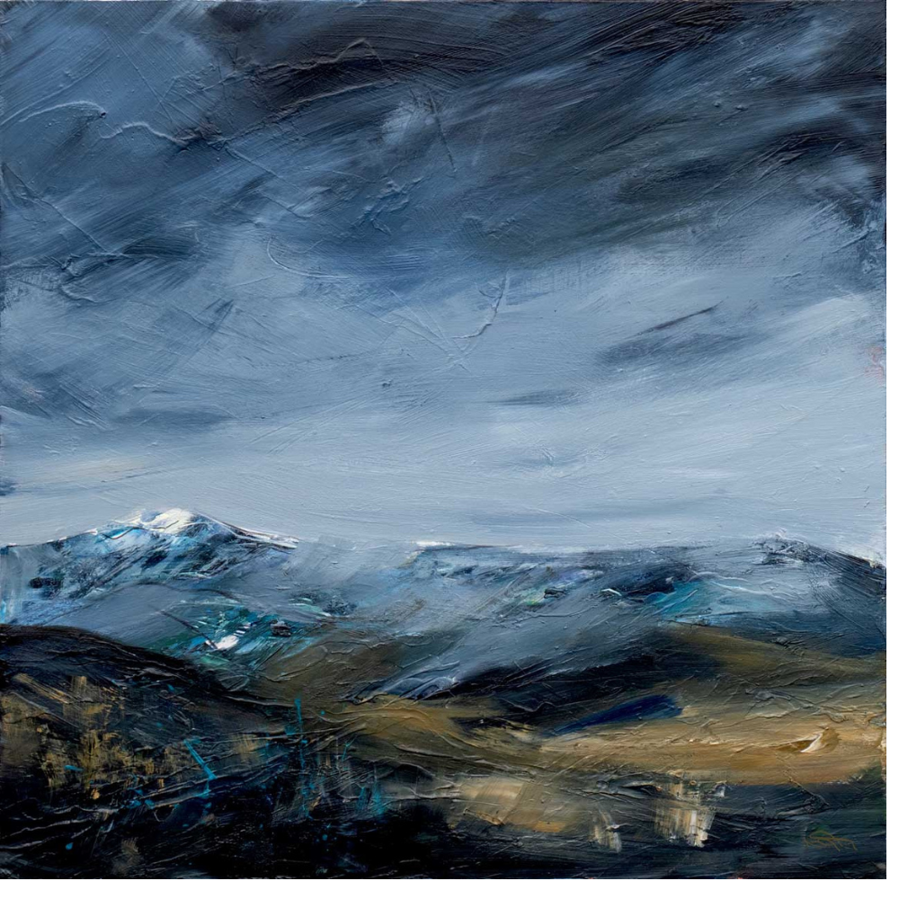 An abstract painting of a mountainous landscape with snow-capped peaks, dark rolling hills, and a dramatic cloudy sky in shades of blue, gray, and brown.