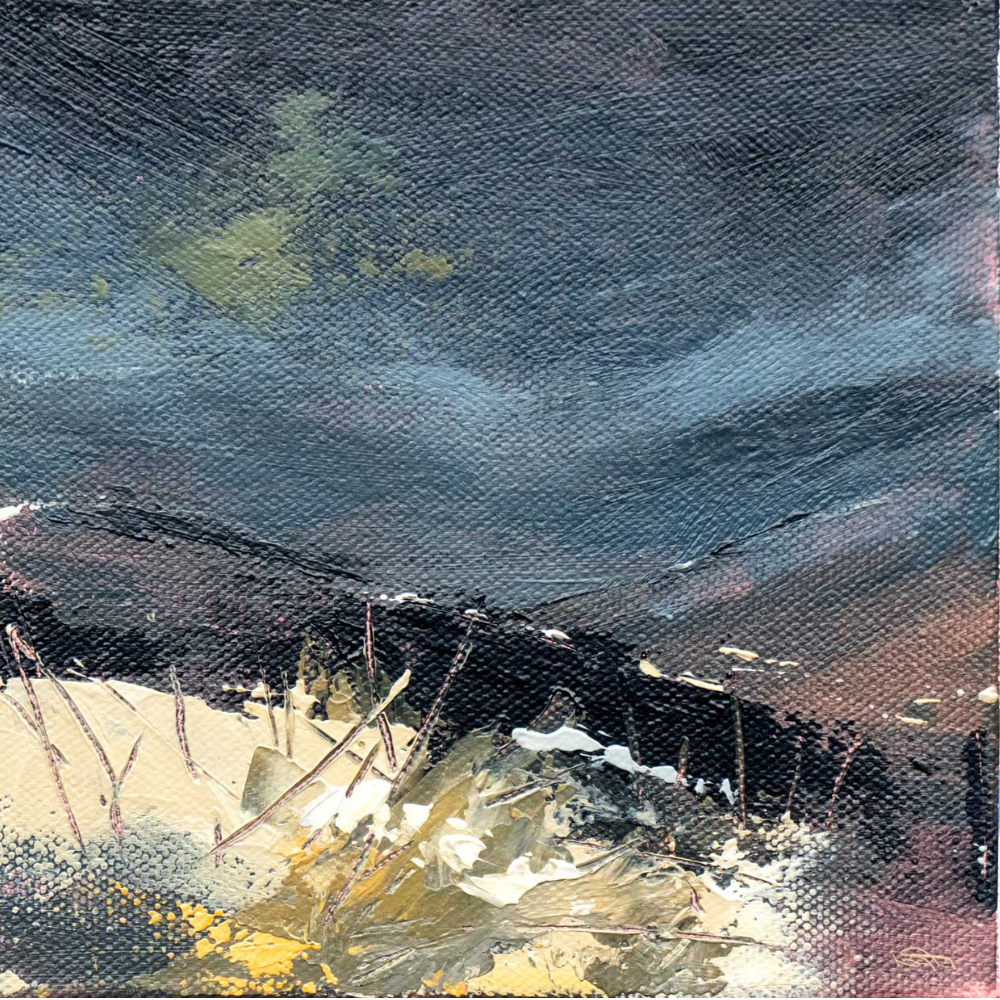 Abstract painting of a dark stormy sky over a barren landscape with sparse vegetation.