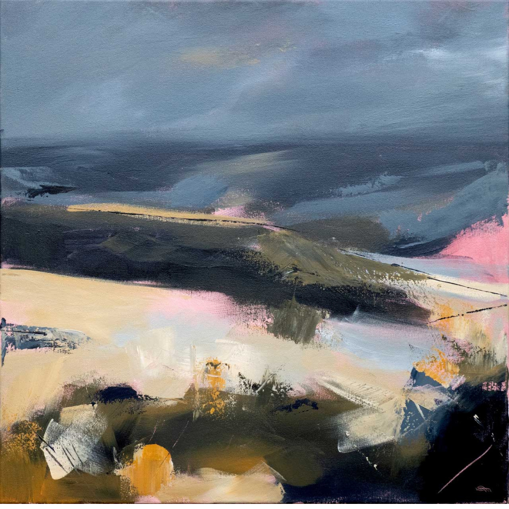 Abstract landscape painting with dark stormy sky, dark green hills, and bright patches of white, tan, pink, and yellow.