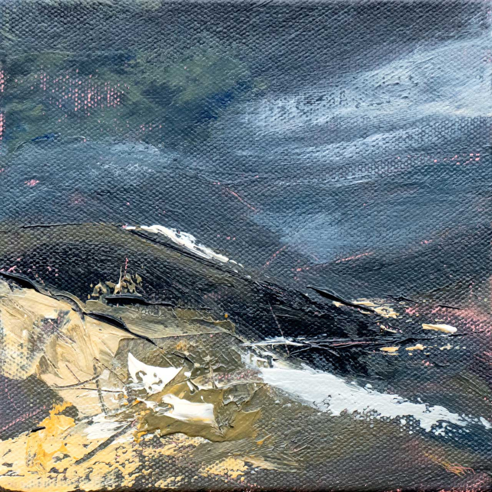 An abstract landscape painting with dark stormy skies, green hills, and white and yellow brushstrokes representing snow or water in the foreground.