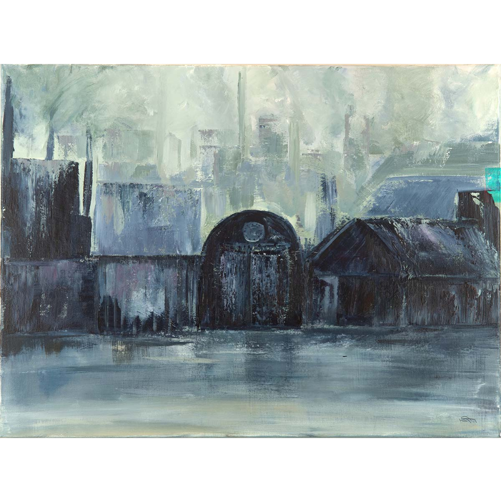 An abstract painting of a cityscape with dark buildings and a cloudy sky, emphasizing moody and somber tones.
