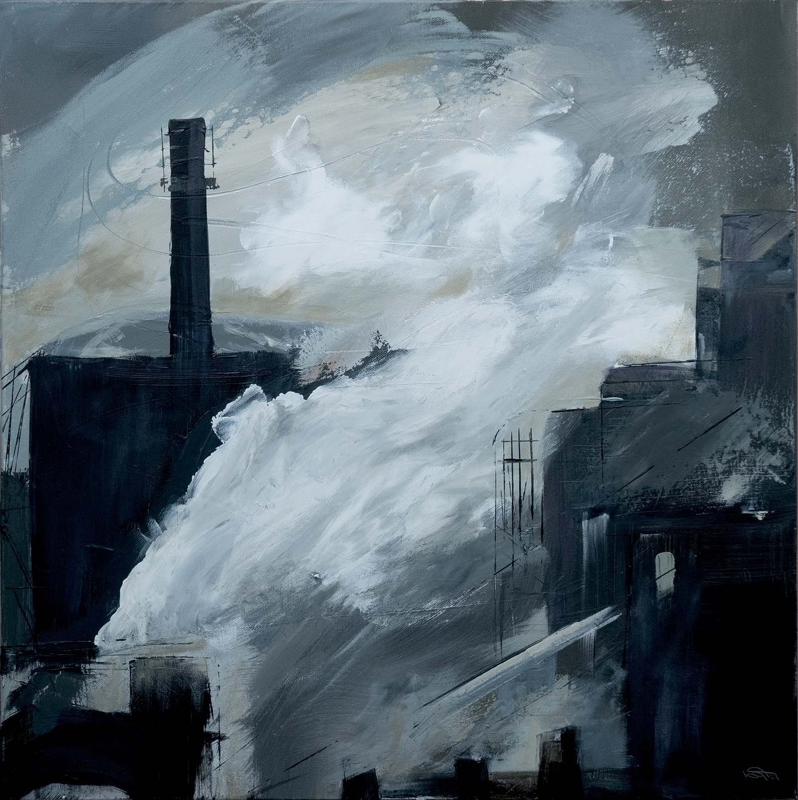 A black and white painting of an industrial cityscape with water pouring down from a dam or structure, and dark buildings with a cloudy sky in the background.