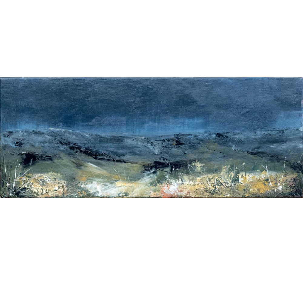 Abstract landscape painting of hills under a cloudy sky with earthy tones and textured brushstrokes.