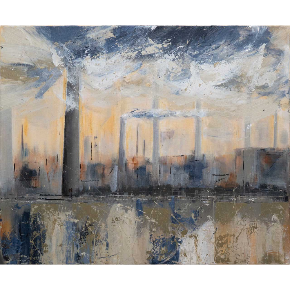 Abstract painting of industrial city skyline with factory smokestacks, clouds, and reflections in water, in muted earth tones.