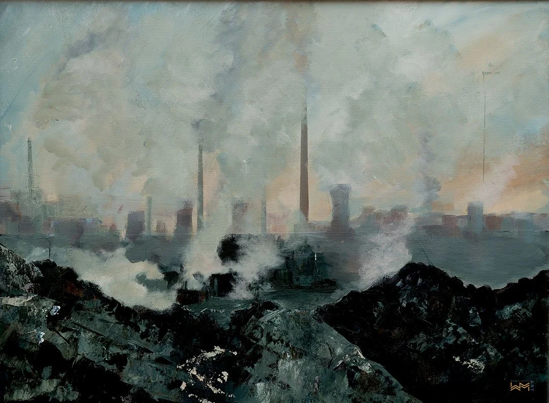 Yesterday's Legacy Reborn, a panoramic industrial scene where towering chimneys and cooling towers emerge through drifting steam.
