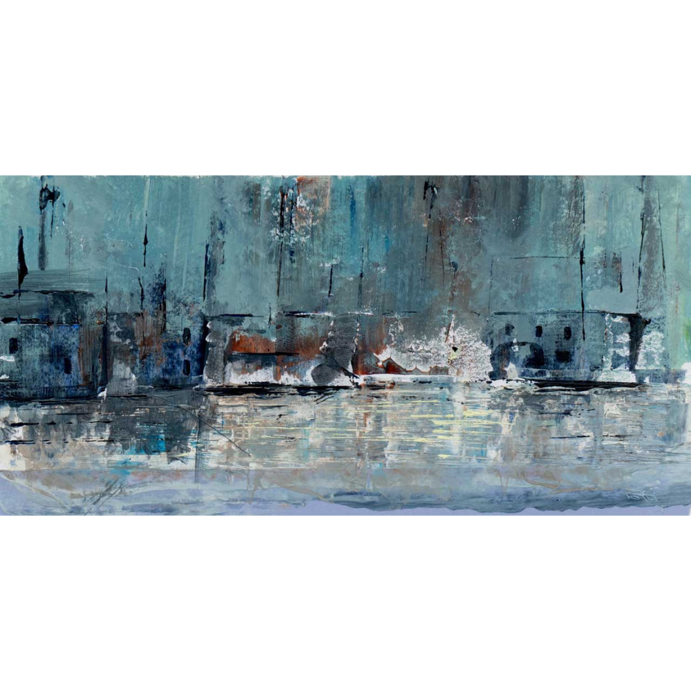 Abstract cityscape watercolor painting with buildings and a reflective water surface.