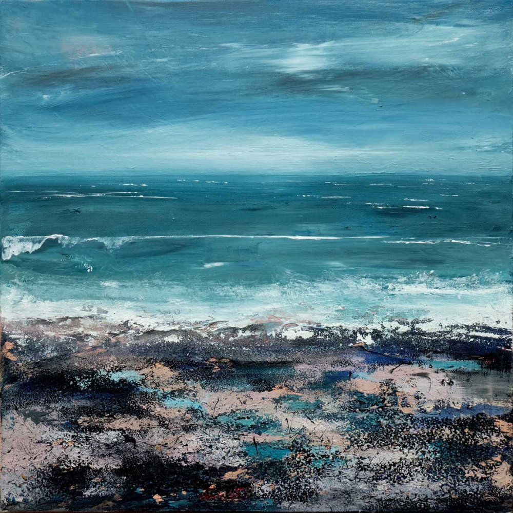 Abstract painting of a seascape with ocean waves and a rocky shoreline, using shades of blue, black, and white.