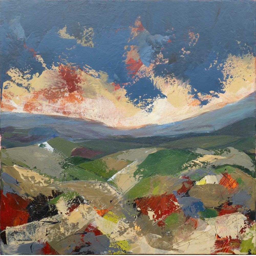 An abstract landscape painting with a colorful sky during sunset, rolling green hills, and scattered trees.