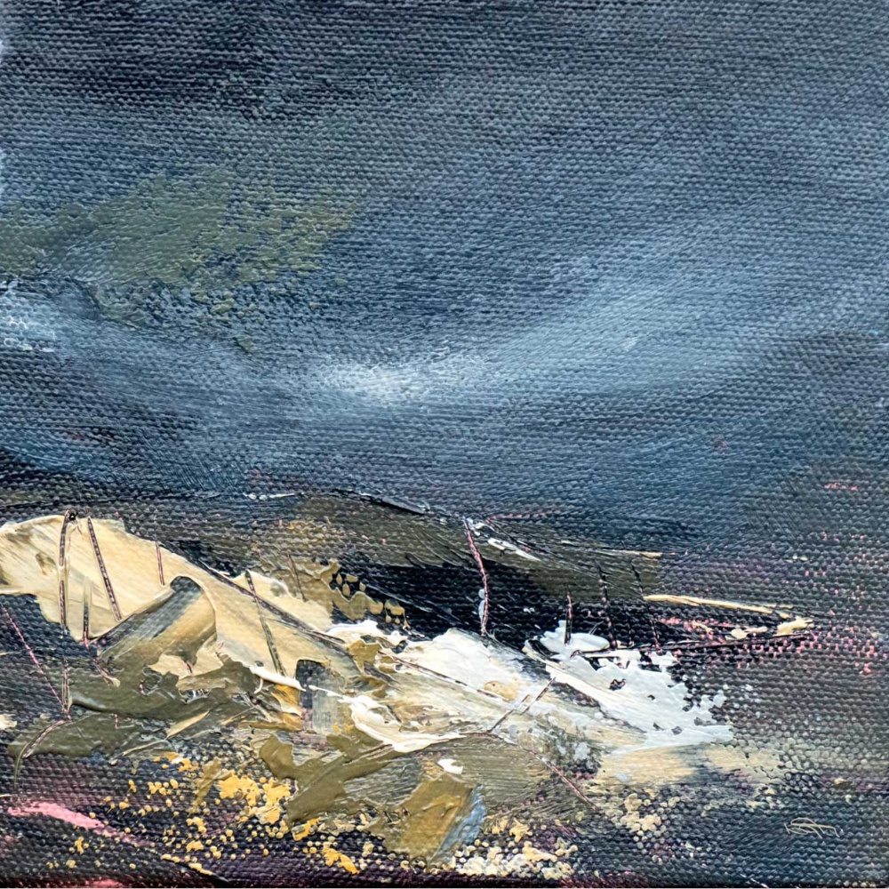 Abstract painting with dark blue sky and mountainous landscape in earthy tones with textured brushstrokes.