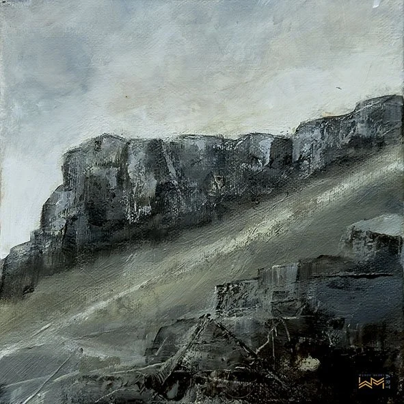 Rocked, an atmospheric Peak District landscape capturing a rugged gritstone escarpment above softly painted hills beneath a luminous grey sky.