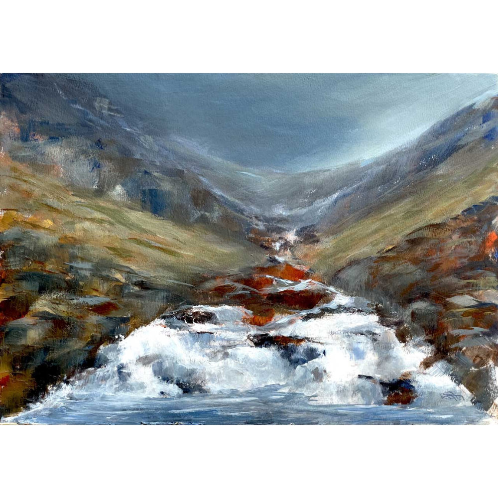 A painting of a mountain landscape with a flowing river in the foreground, snow on the rocks, and misty mountains in the background.