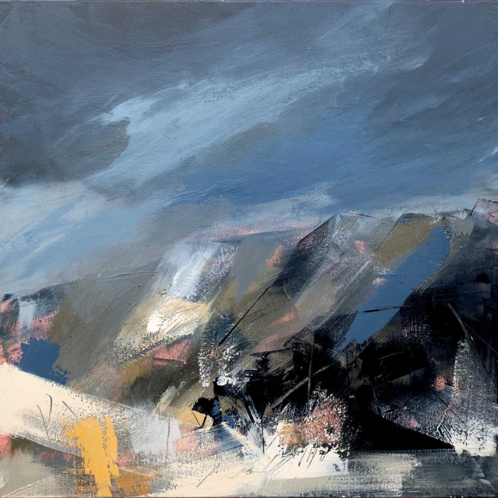 Abstract painting of a stormy sky over mountains with dark clouds and muted colors.