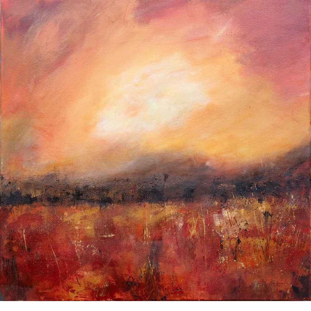 An abstract landscape painting featuring a vibrant, fiery sky with shades of orange, pink, and yellow, above a dark, textured horizon with reddish and brown tones.