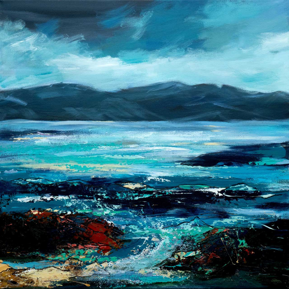 Abstract painting of a seascape with dark stormy sky, blue ocean waves, waves crashing on rocks and shoreline in the foreground.
