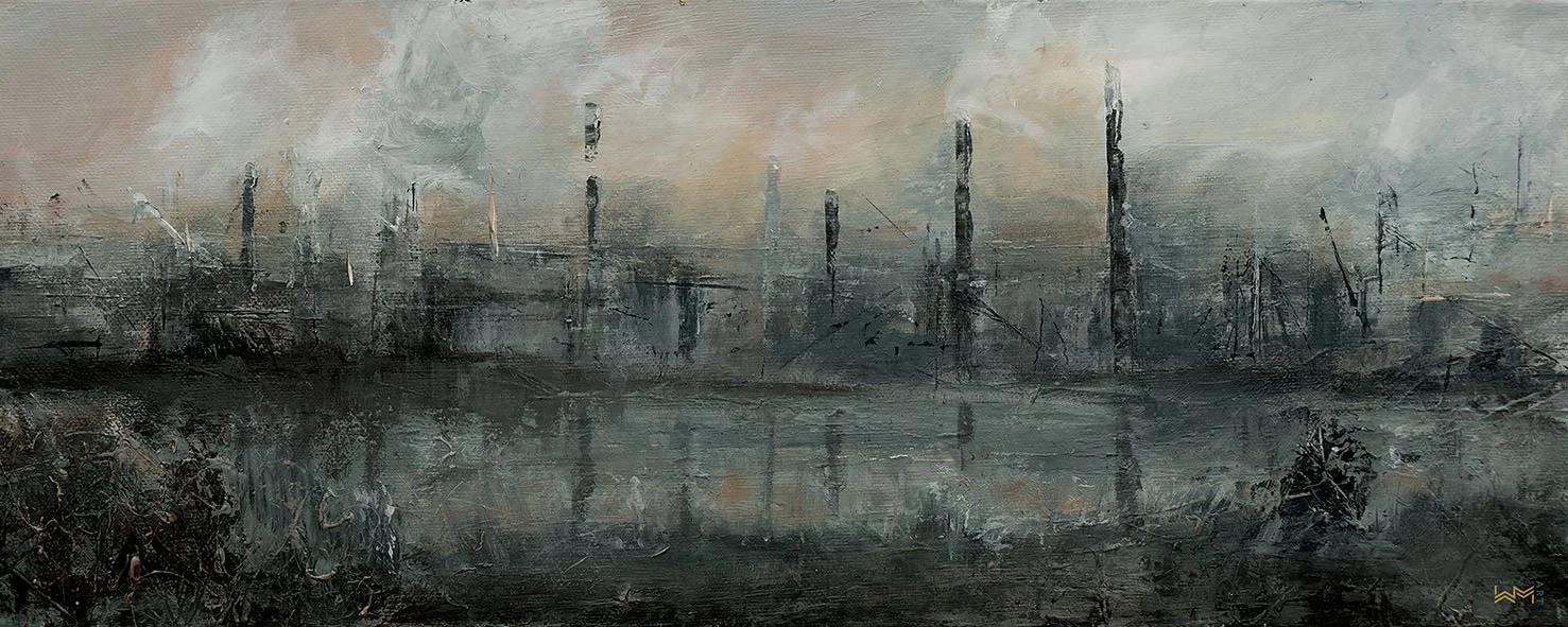 Stream of Steel, an atmospheric industrial skyline where chimneys and drifting steam are reflected in tranquil water under muted grey skies.
