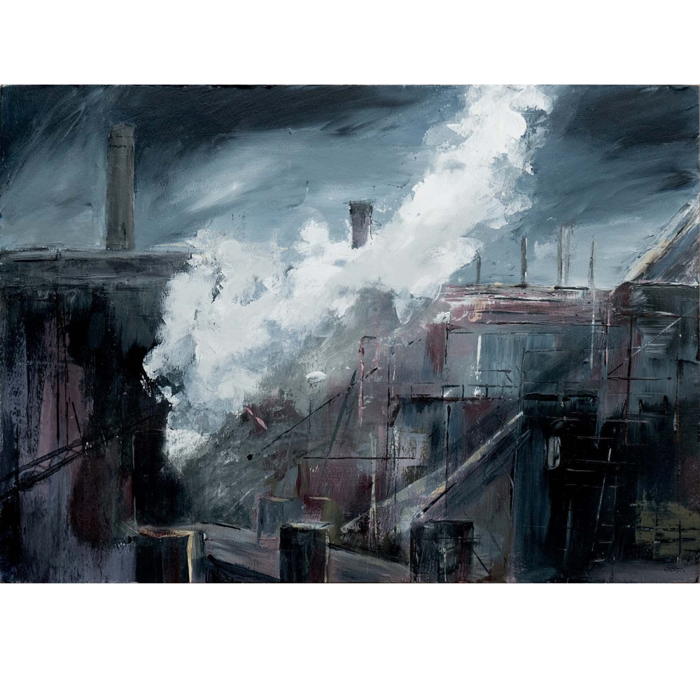 A painting of an industrial factory emitting large plumes of white smoke into a cloudy, dark sky.