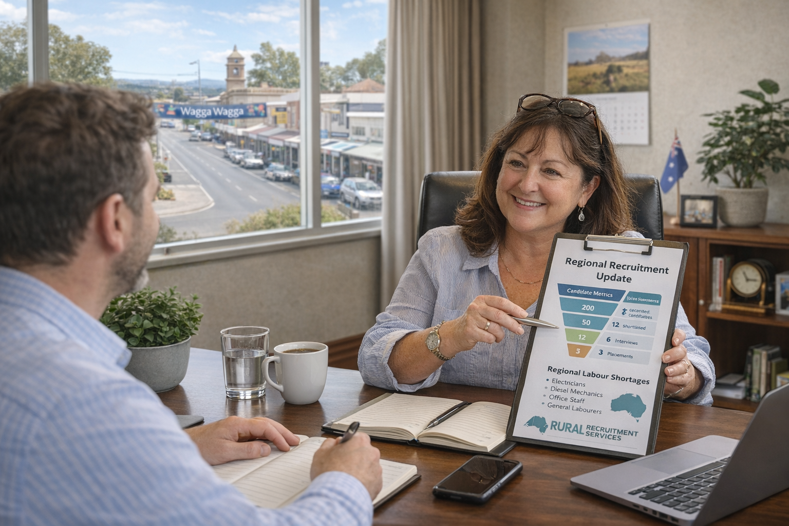 A woman sitting at a desk during a meeting, showing a recruitment update to a man. The woman is smiling and pointing at the report, which includes statistics about regional recruitment and labor shortages. The desk has a notebook, a pen, a mug, and a glass of water. There are plants and books in the background, and a large window showing a street view outside.