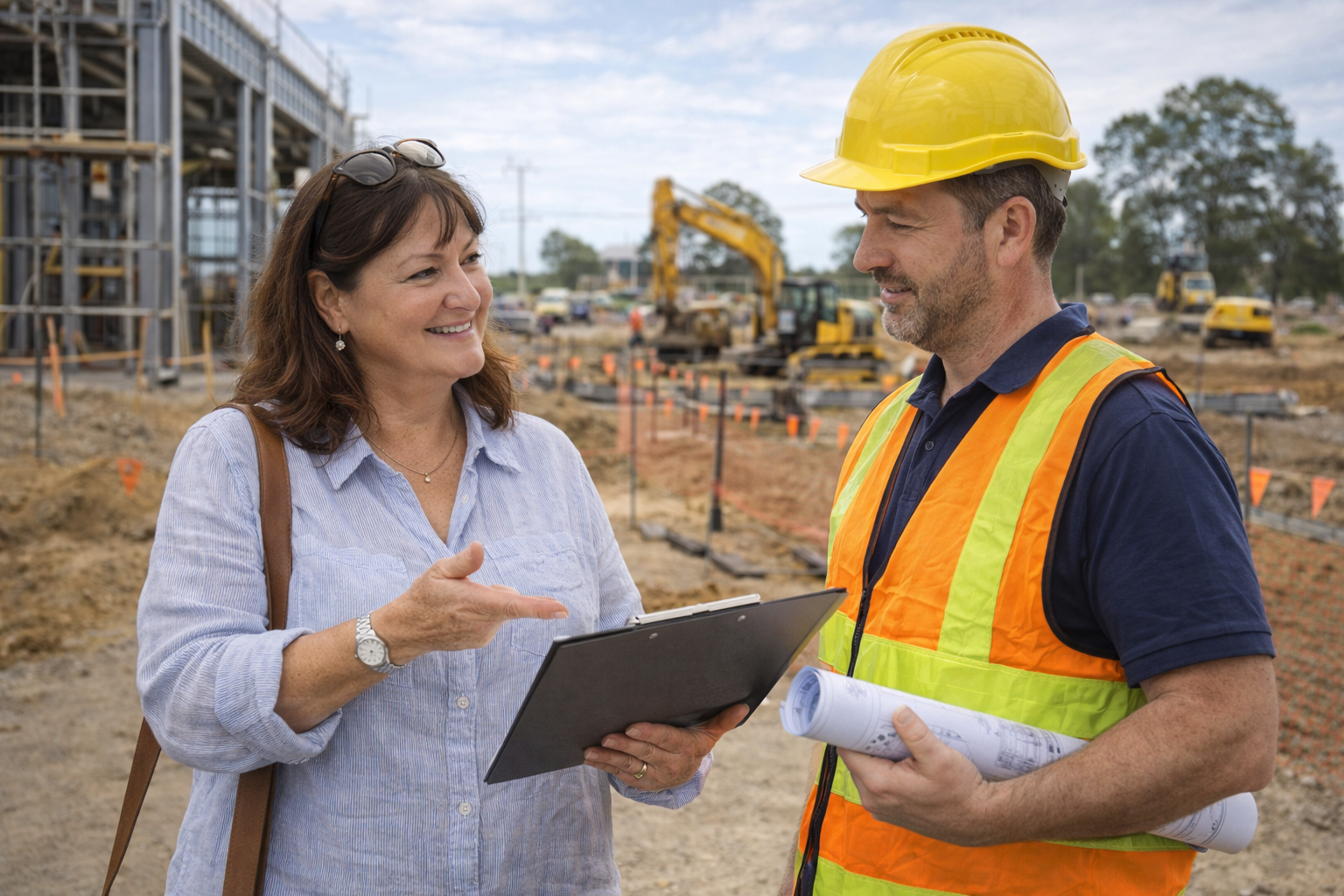 A woman and a construction worker chatting at a construction site. The woman holds a tablet, while the worker, wearing a yellow hard hat and safety vest, holds blueprints. Construction equipment and partially built structures are visible in the background.