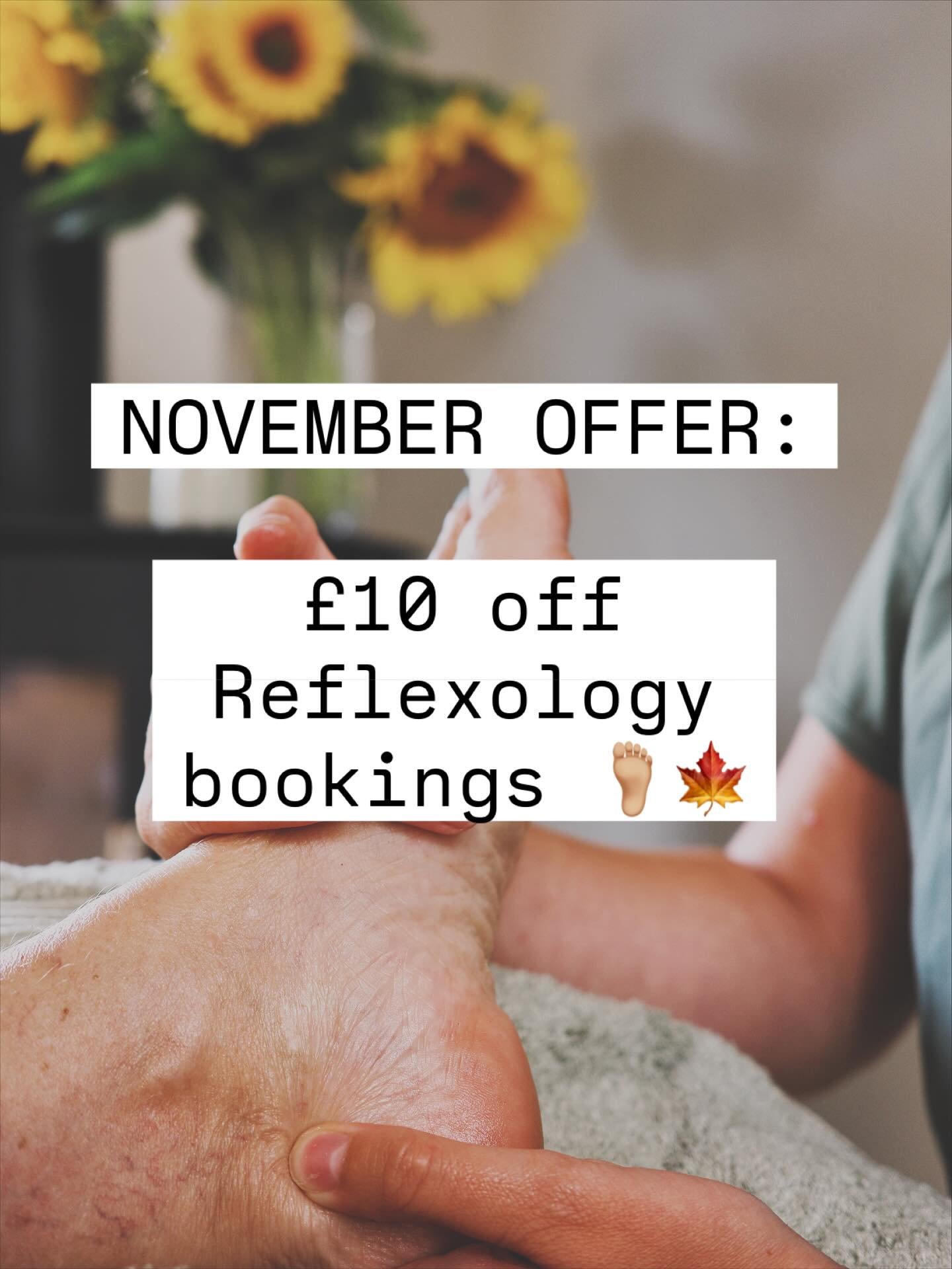 Embrace winter with &pound;10 off Reflexology treatments throughout November 🦶🏼✨

Poor circulation? Sleep issues? Stressed or anxious? Problem periods?
I can help ❤️

Give me a message to get booked in xx

#reflexology #reflexologist #womenshealth 