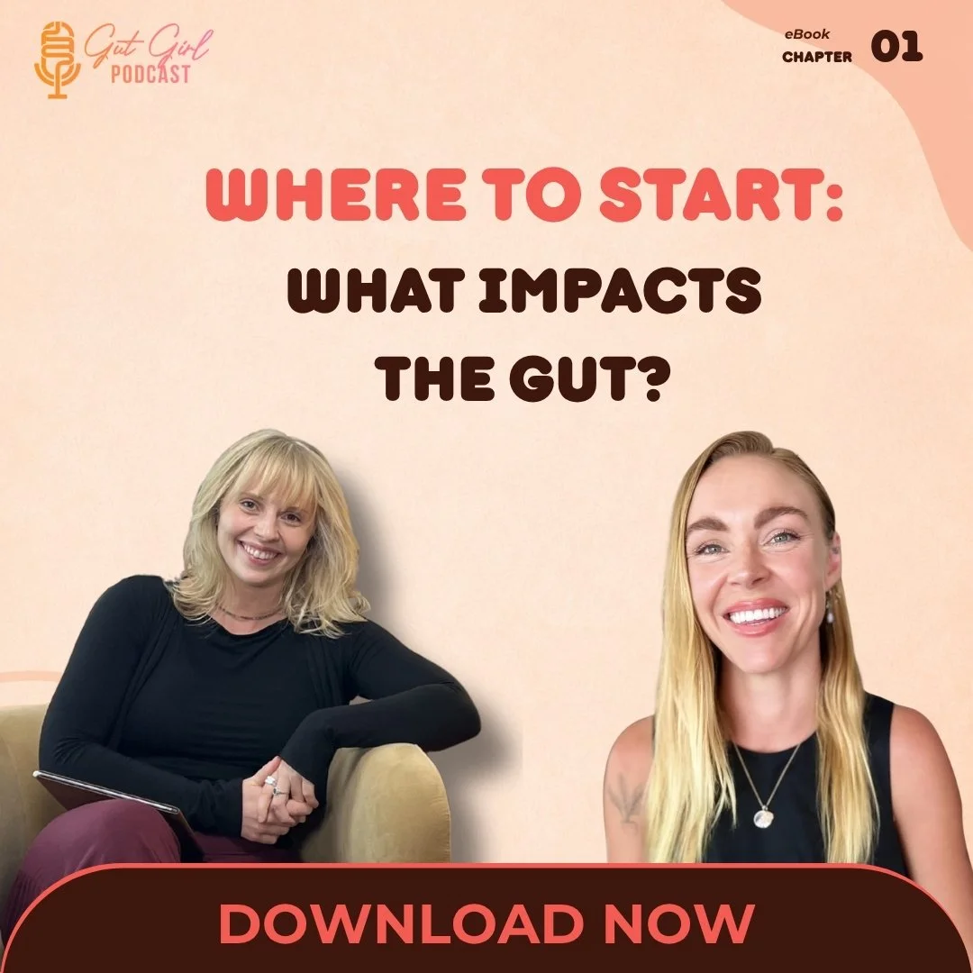 Advertisement for a live webinar or presentation titled 'Where to start: what impacts the gut?' with a 'Download Now' prompt, featuring a gradient pink and orange background and a red and white live indicator icon.