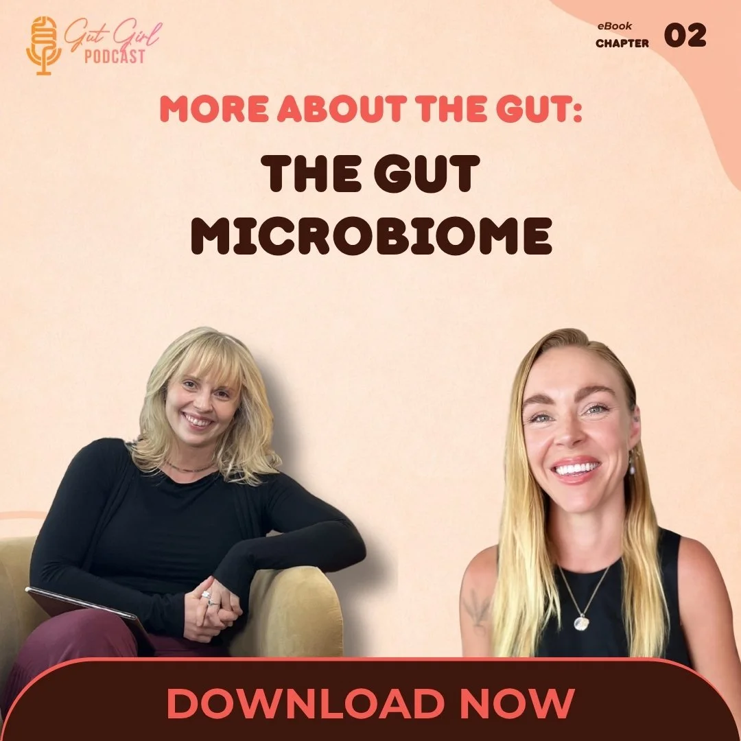 A promotional graphic with a pink and orange gradient background, announcing a live session titled 'More about the gut: the gut microbiome.' The graphic includes a red and white 'LIVE' icon in the top left corner and a bold, yellow 'DOWNLOAD NOW' but