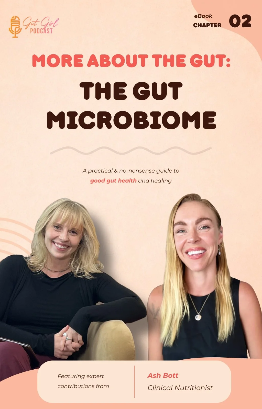 Cover of an ebook titled "More About the Gut: The Gut Microbiome" featuring two smiling women, one with blonde hair wearing a black top and the other with longer blonde hair also in black, with a light pink background and text about gut health and a contributor named Ash Bott, a clinical nutritionist.