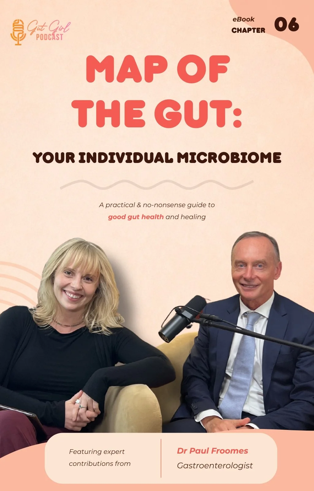 Cover of a podcast episode titled "Map of the Gut: Your Individual Microbiome" featuring a smiling woman with blonde hair in a black top and a man wearing a suit and tie, sitting on a beige couch, with a microphone in front of him. The background is light pink with text about a guide to good gut health, and names Dr. Paul Froomes, a gastroenterologist.