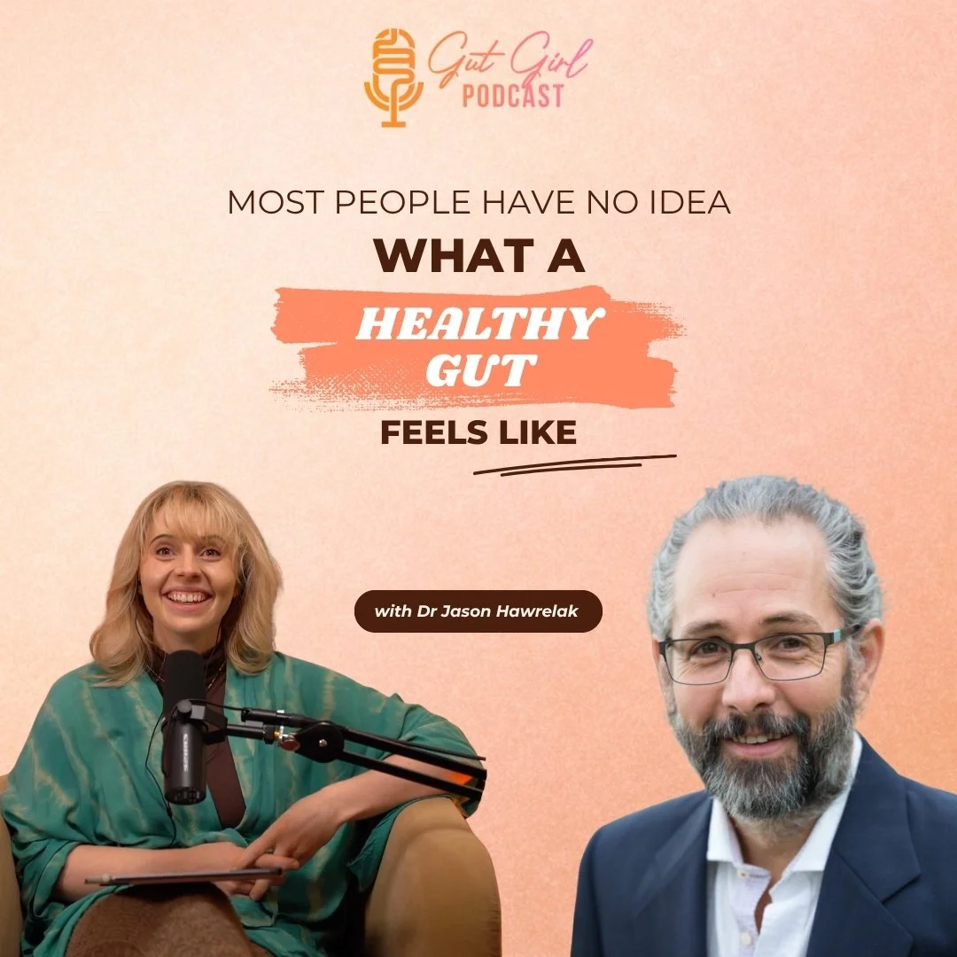 Promotional graphic for the Gut Girl Podcast featuring Dr. Jason Hawrelak and a woman with blonde hair sitting with a microphone, background in peach tones, with text about gut health.