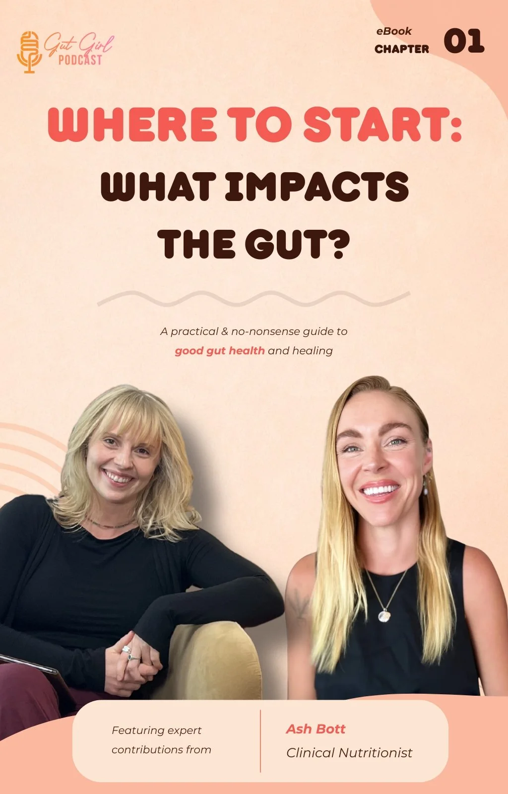 Cover image of a podcast episode titled 'Where to start: What impacts the gut?' featuring two women smiling, one with blonde hair and the other with light brown hair, and text indicating it is an eBook chapter from 'Gut Girl Podcast' with Ash Bott, a clinical nutritionist.