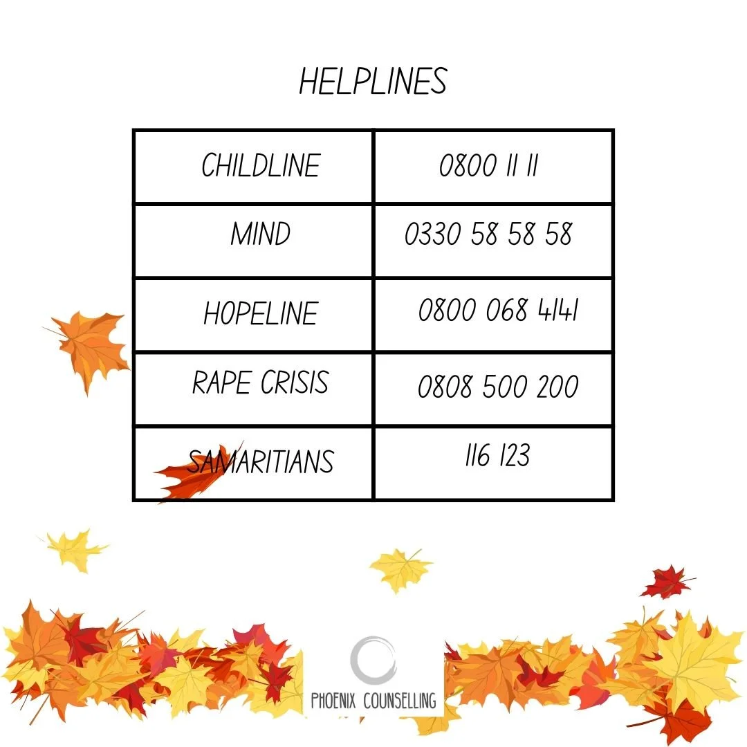 At times, life can be difficult,  especially when normal services such as ours are closed or open with restricted hours due to therapists taking leave.

 If you are struggling at this time, please reach out to one of the many helplines that will be o