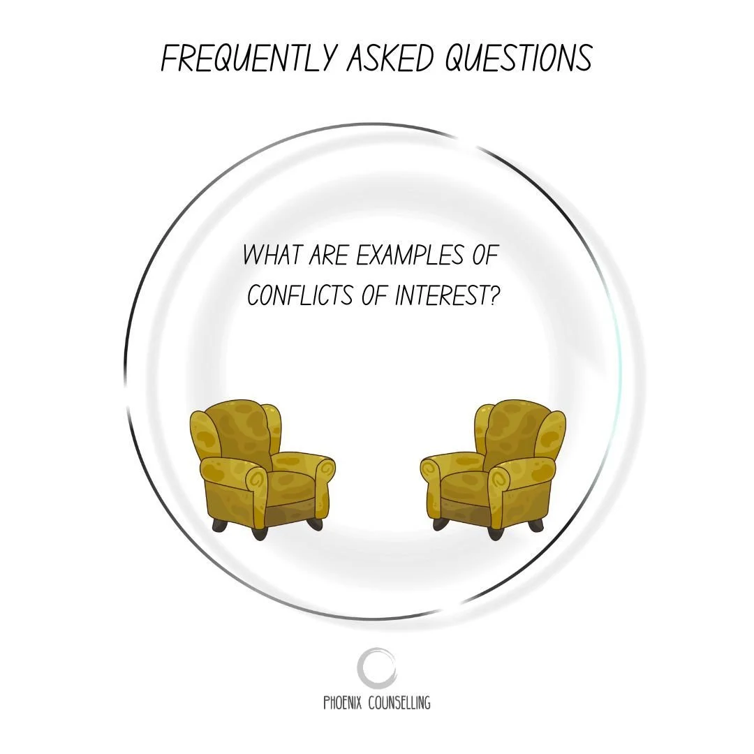 A conflict of interest occurs within therapy when a therapist has a situation that could potentially influence their professional judgement.  Conflicts could include:

❓Dual Relationships - Having a personal or professional relationship with someone 