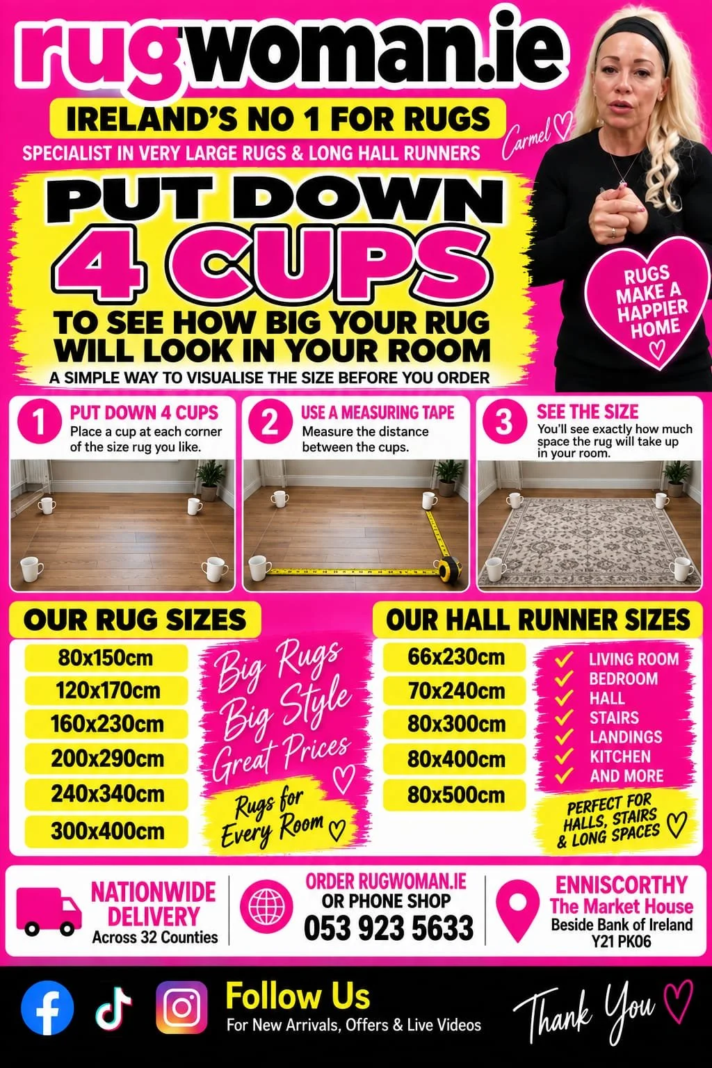 A colorful advertisement for rugwoman.ie, a rug and hall runner retailer in Eniscorthy, Ireland. The poster provides instructions on visualizing rug size in a room using cups and measuring tape, and lists various rug and hall runner sizes with their dimensions. There are images demonstrating the placement of cups and measuring tape on floors, with a woman on the right side of the poster.