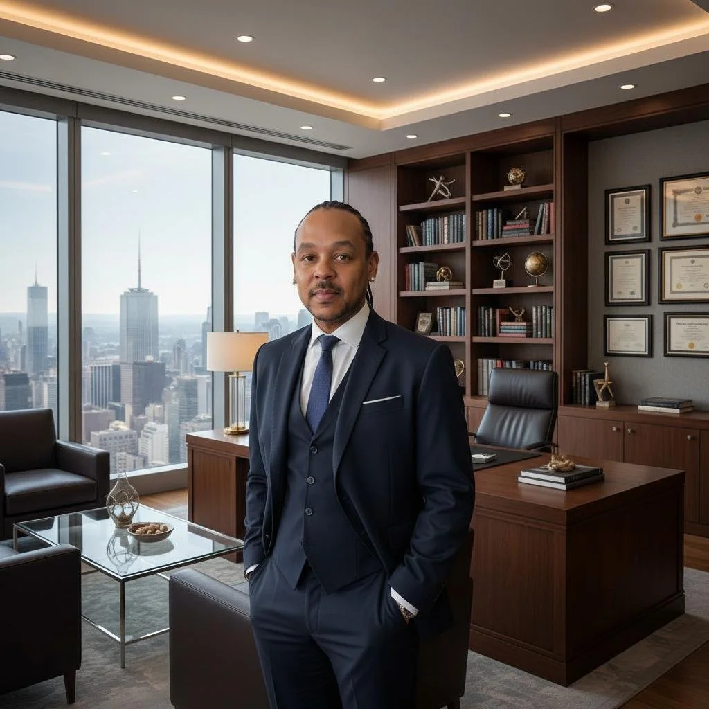 A man in a dark suit standing in a modern office with large windows showing a city skyline, wooden bookshelves with framed certificates, and a desk.