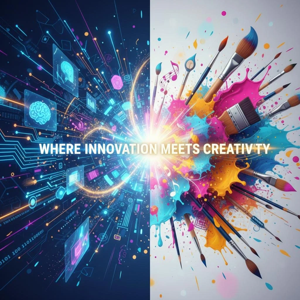 A digital illustration divided into two halves: the left side features a high-tech digital network with icons and lines, representing technology and data; the right side showcases colorful paint splashes with various paintbrushes and art supplies, symbolizing creativity. The text in the center reads, 'WHERE INNOVATION MEETS CREATIVITY.'