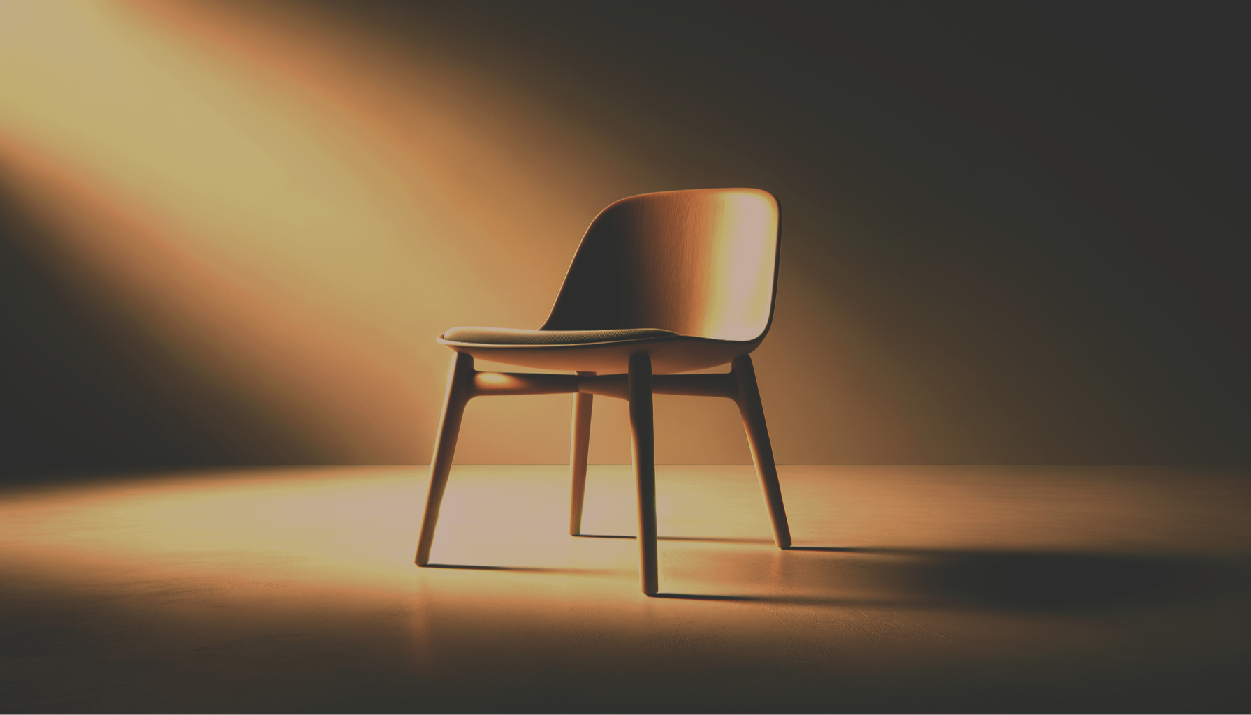 A modern wooden chair on a smooth surface, illuminated by warm, directional sunlight against a dark background.