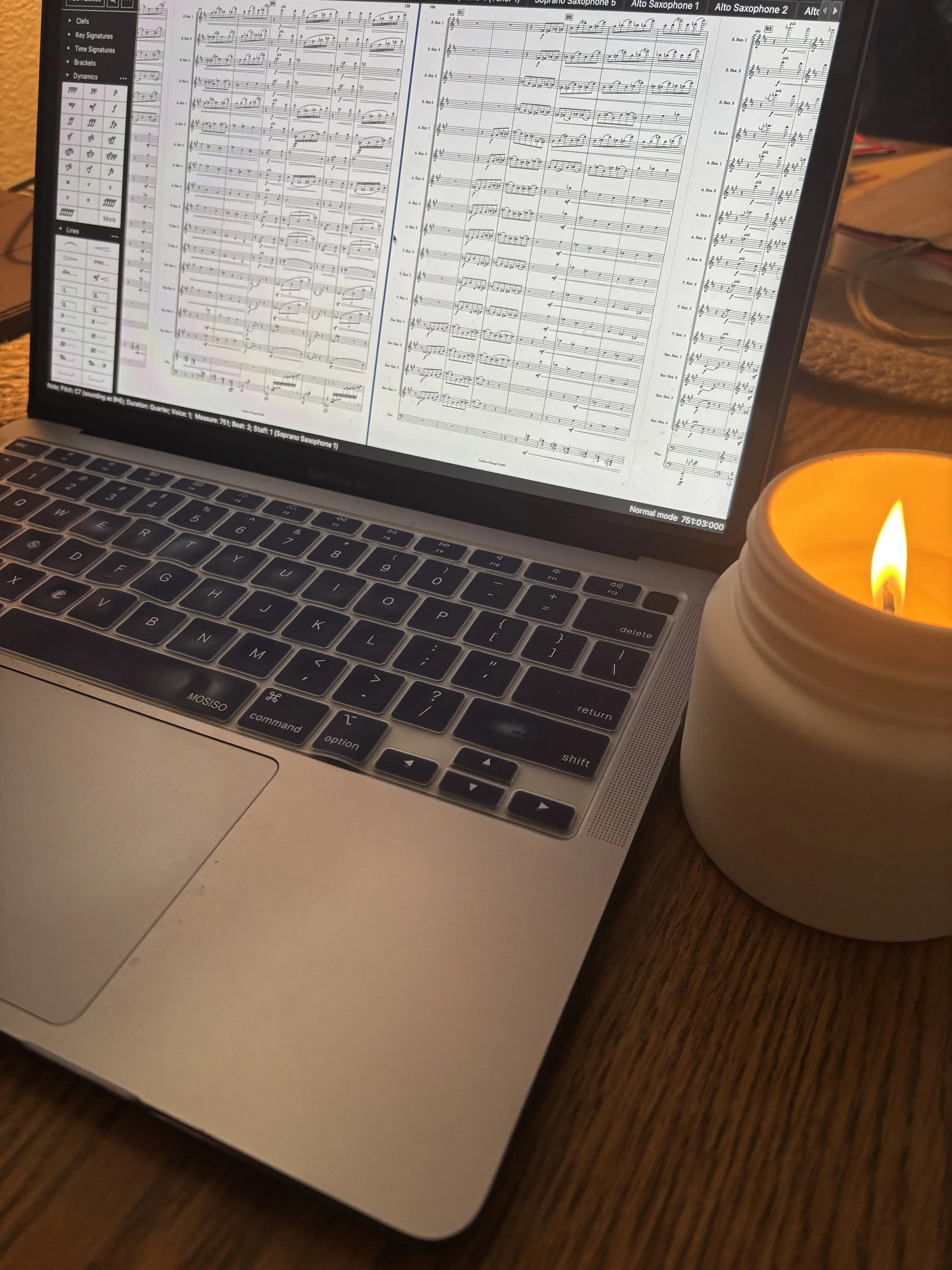 Landon Chang’s workstation featuring a saxophone arrangement of Ravel’s La Valse in music notation software