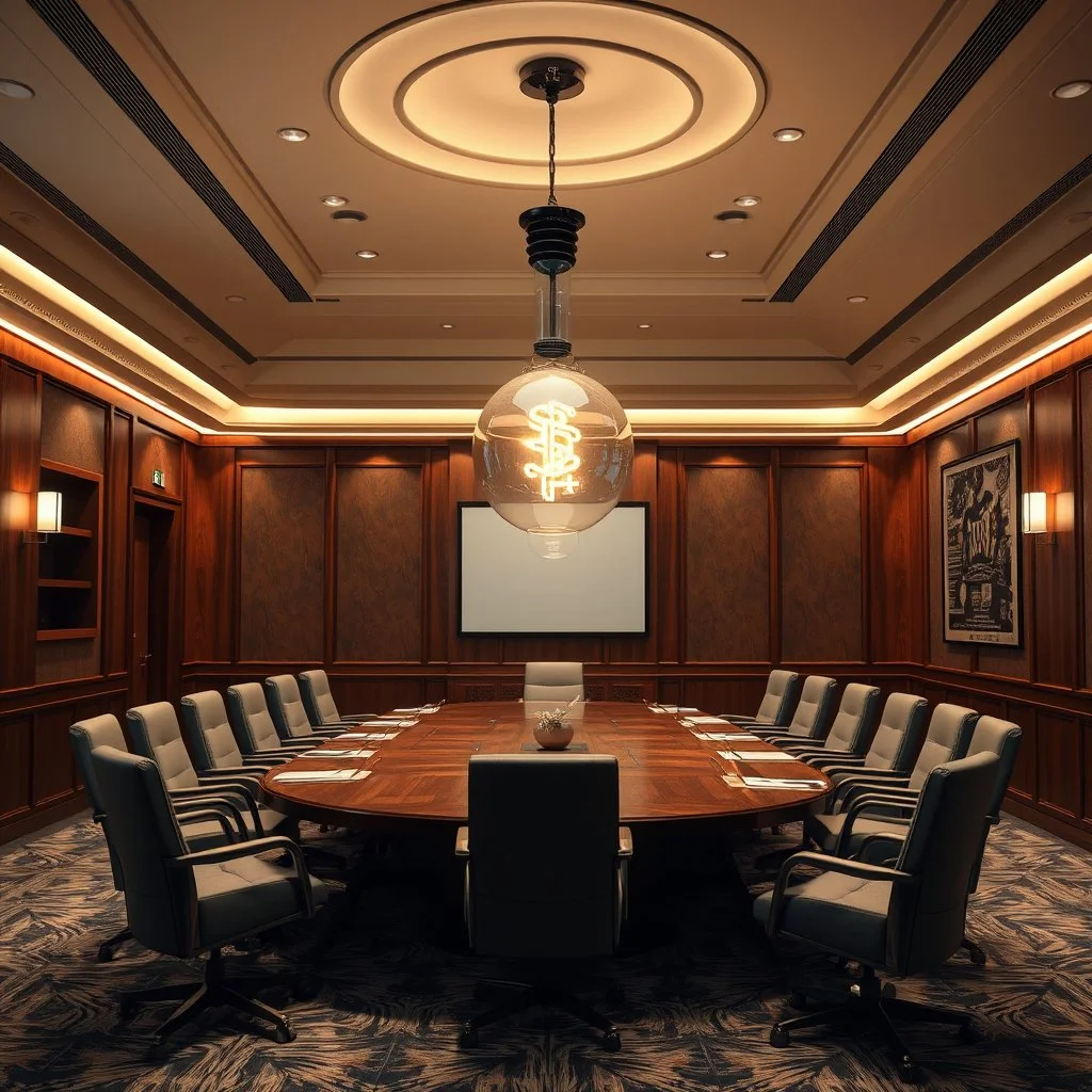A luxurious conference room with a large wooden oval table surrounded by 14 gray upholstered chairs, a modern circular chandelier hanging above, wood-paneled walls with artwork, and a projection screen at the front.