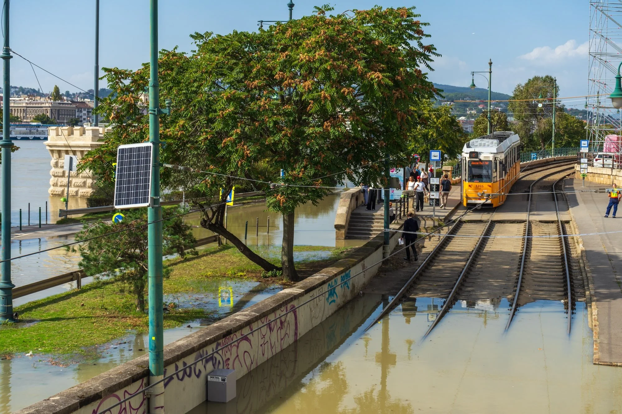 Flooding from the Danube River reaches tram tracks on the Pest embankment in Budapest