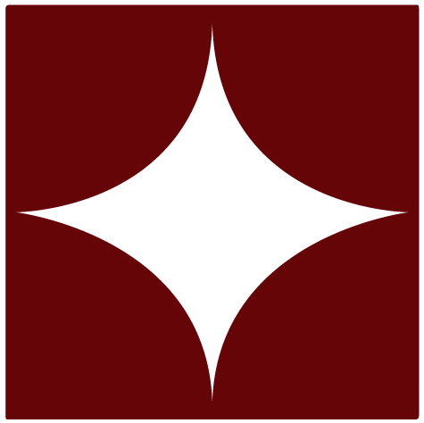 A four-pointed star with curved edges on a dark red background.