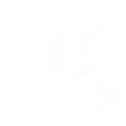 An illustration of a winged figure, possibly an angel or mythological warrior, standing on a defeated creature resembling a dragon, holding a shield and a spear or sword. There is text in Cyrillic script that reads 'TO GROMADA ZAKHISNIKIV.'