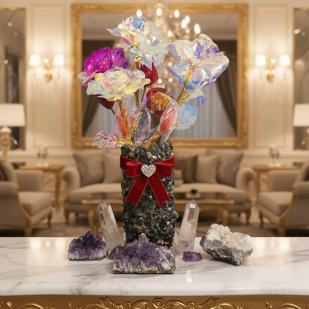 Floral arrangement with vase and lights