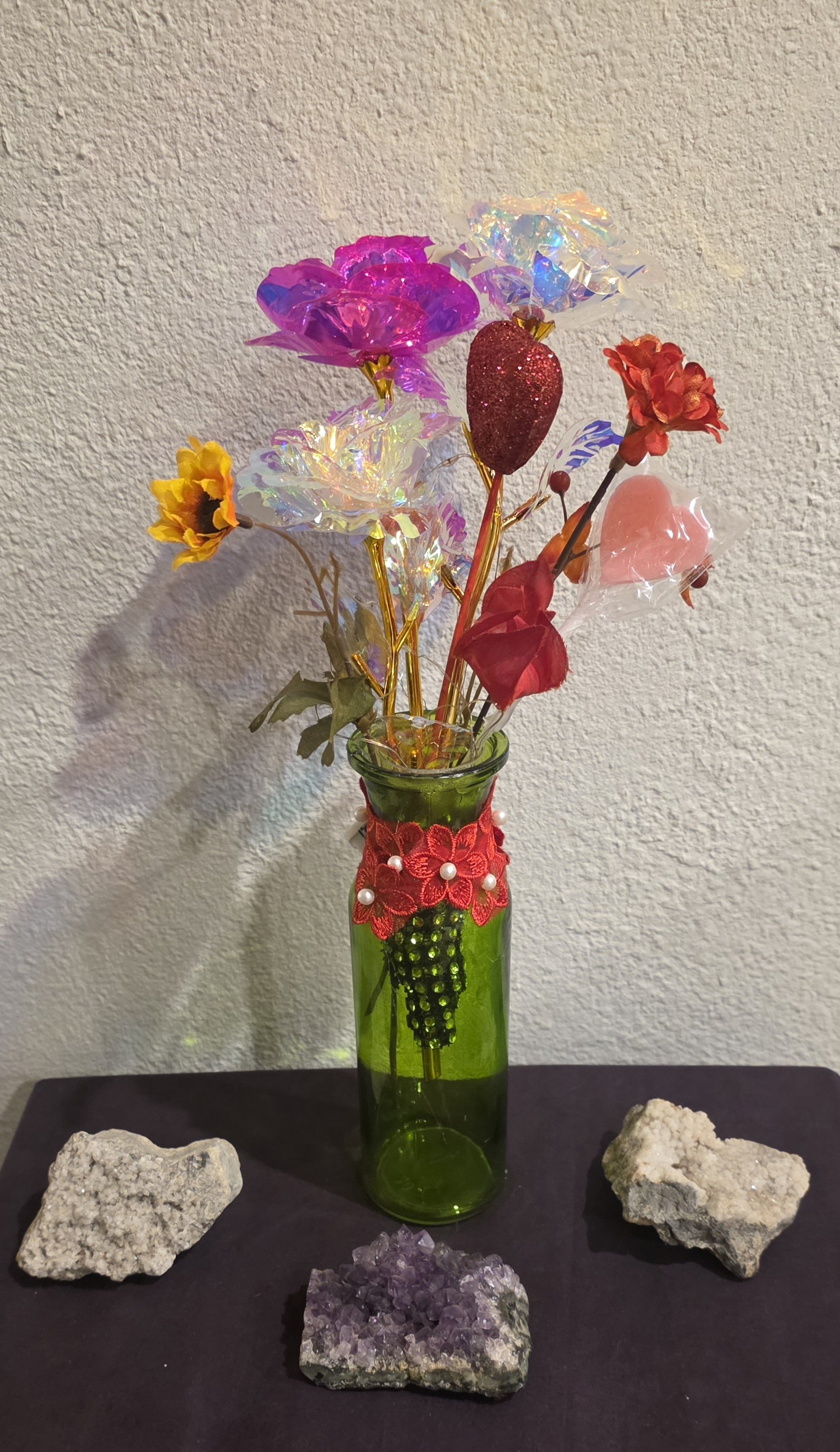 floral arrangement with vase and lights