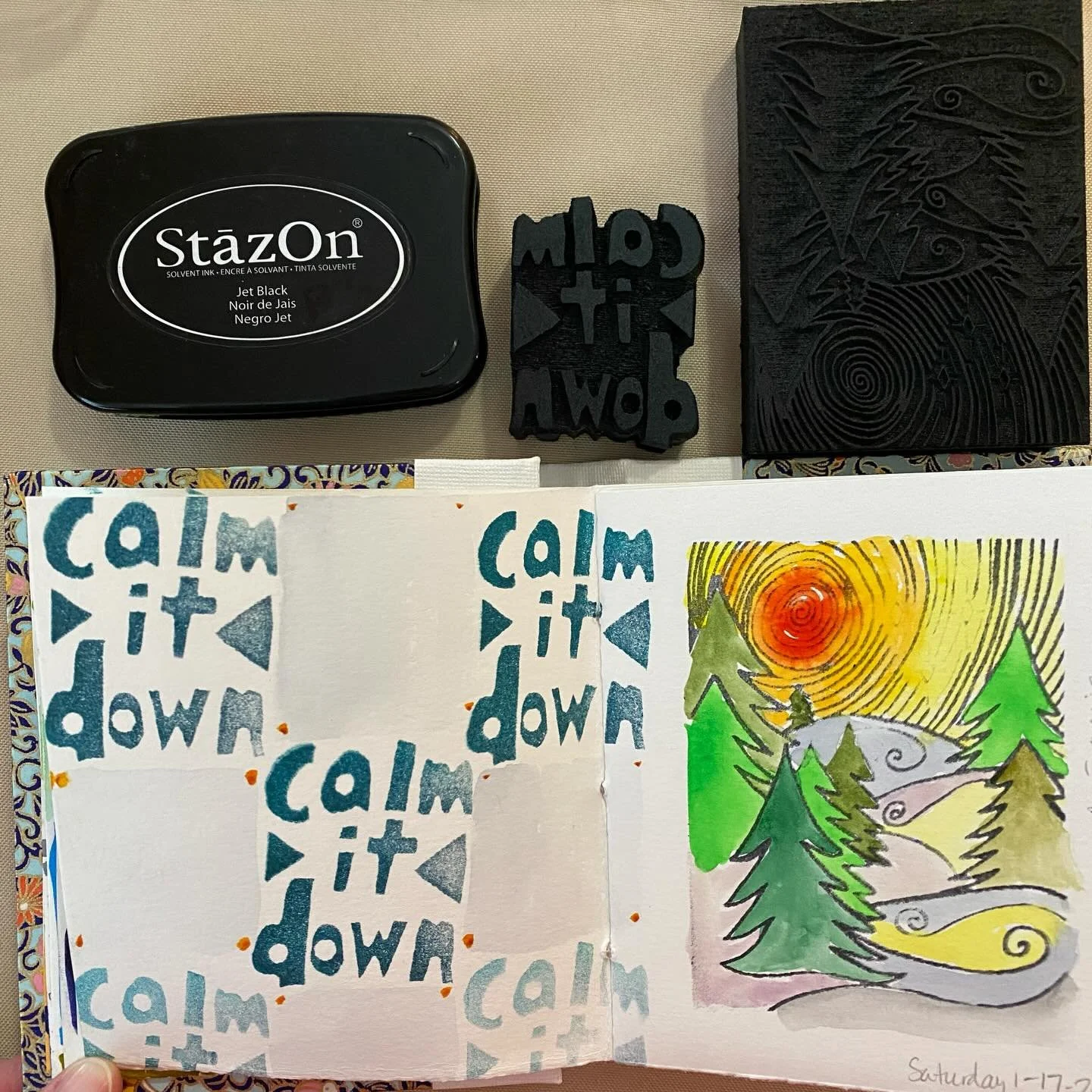 Here&rsquo;s a journal spread in my watercolor journal by @jennymaroney. I am using a very appropriate stamp by @iamsarahmatthews and a custom stamp by @jennymaroney. Look at Jenny&rsquo;s Etsy (her name, all one word) and also Sarah&rsquo;s stamps a