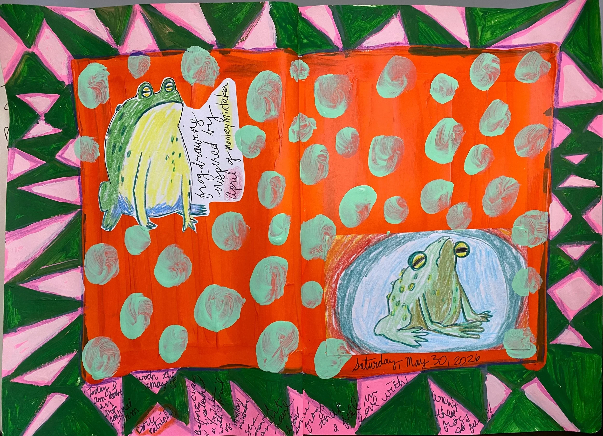 Just had a super fun art journal jam with @patrickdori and friends, via Dori&rsquo;s Patreon, on Zoom. Thank you, Dori!
Before that, I watched a YouTube video by @monkeymintaka and was inspired by her frog drawings! Thank you, April!
The journal I st
