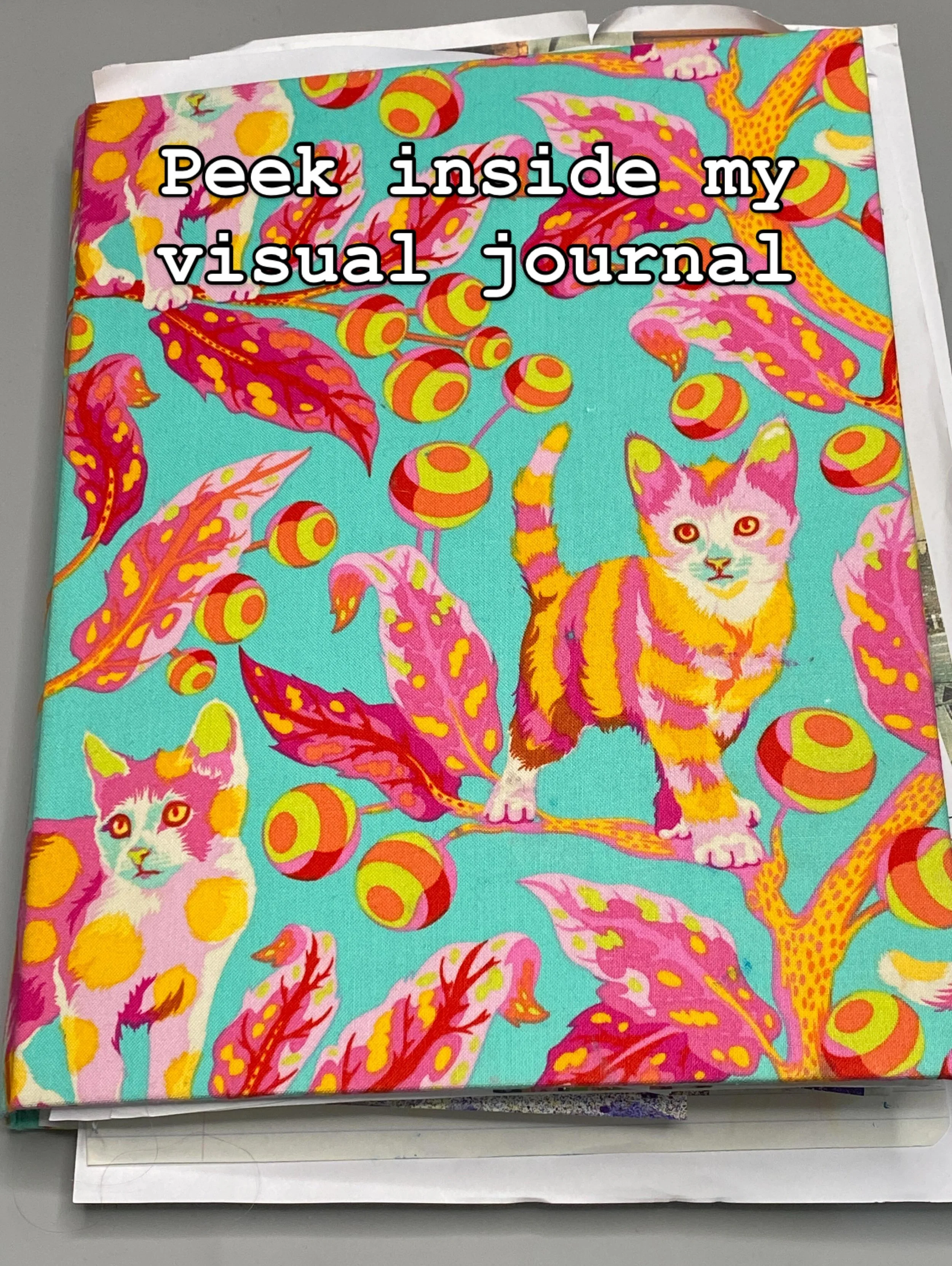 I am a messy and random visual journal keeper. I work in whatever journal I feel like using. Sometimes I write, and sometimes I don&rsquo;t. I express myself, I PLAY, and most of all, I use the supplies I collect.
This journal is one made long ago by