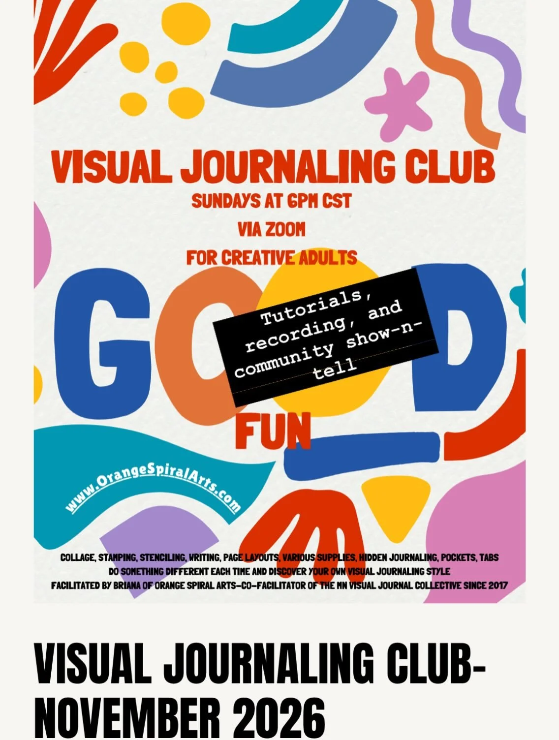 You are invited to join Visual Journaling Club! We meet on Sundays at 6pm Central Time, live via Zoom. 
&bull;Fill those journal pages! 
&bull;Use your art supplies
&bull;Meet new people
&bull;See other people&rsquo;s journal pages!!!!!
&bull;From th
