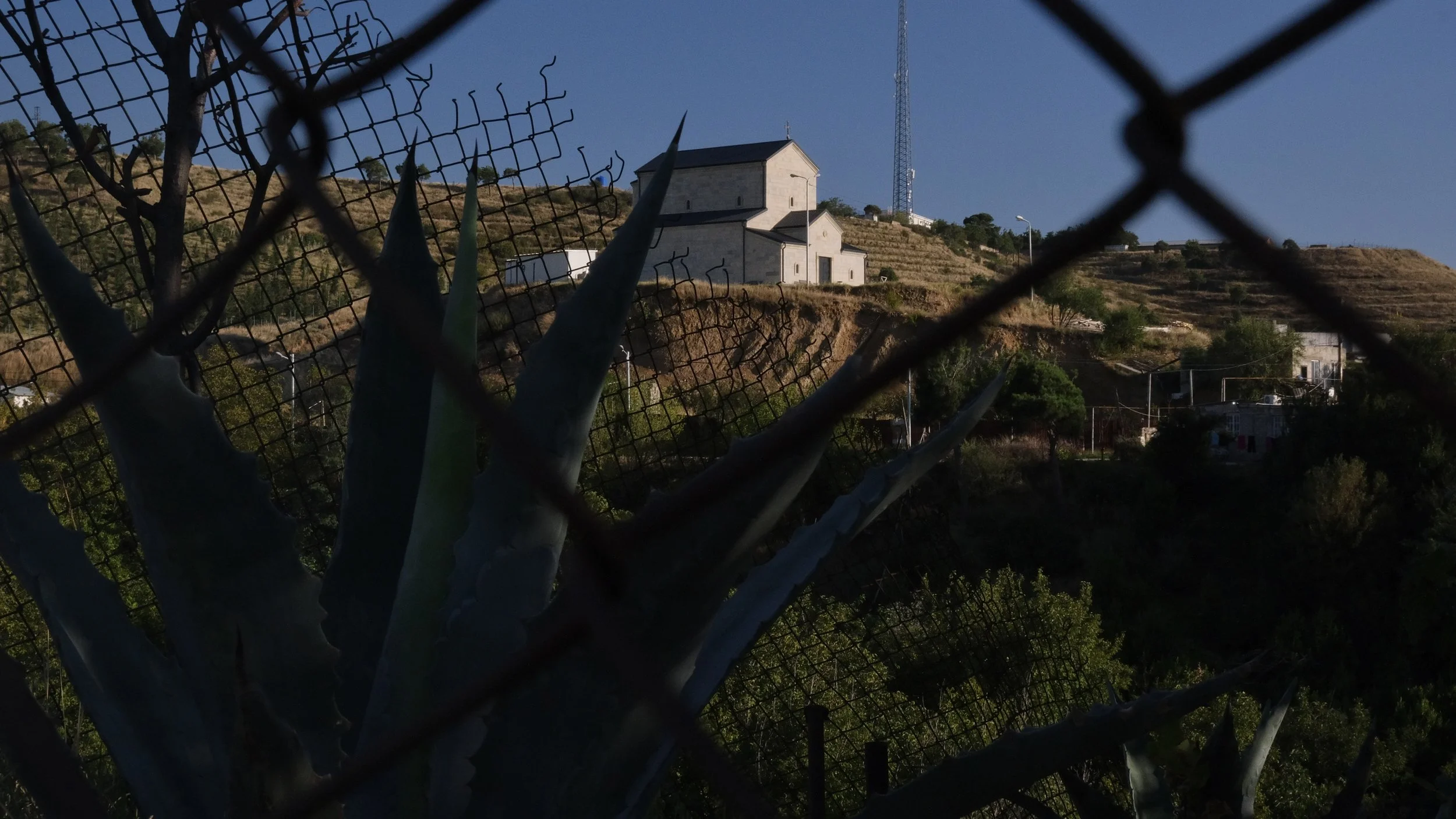 A hillside landscape with a white church, a radio tower, and terraced land, viewed through a metal fence and an agave plant in the foreground.