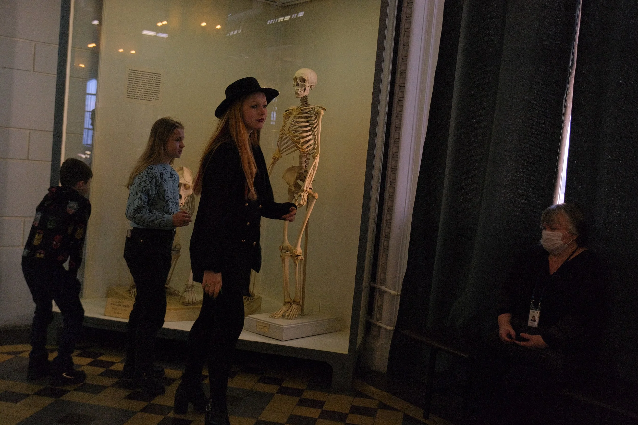 Children viewing a human skeleton display at a museum. On the right in the frame, a museum attendant is wearing a mask due to the pandemic. Children are examining an exhibit on Darwin's evolution. In the frame, children are adding to the exhibition
