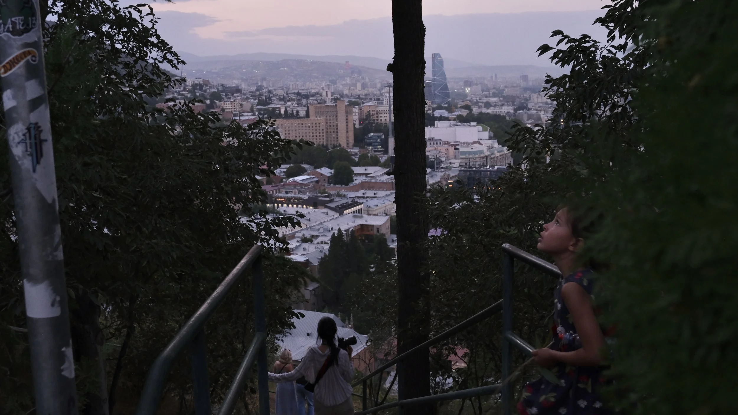 Children on a hillside overlook of a cityscape at dusk, with trees and railings in the foreground.